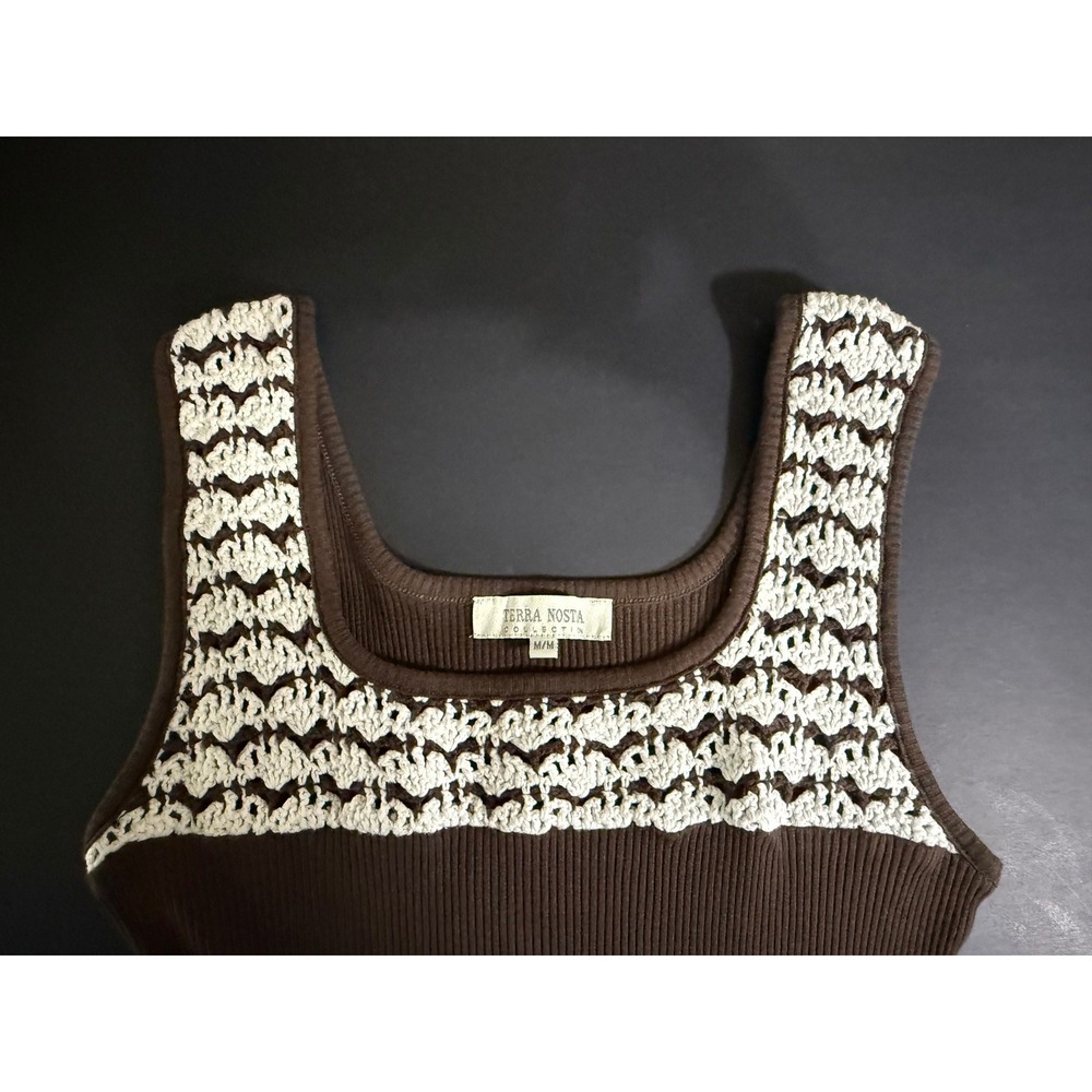 Terra Nostra Brown Ribbed Knit Crochet Lace Tank Top Scoop Neck T2T009A M - Picture 2 of 7